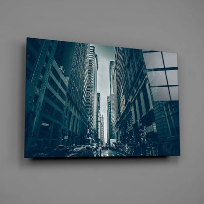 Teal city streets wall art canvas print mounted on wall