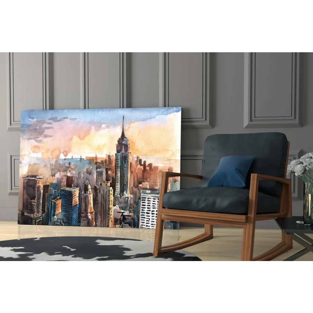 Watercolor empire state building sunset skyline wall art