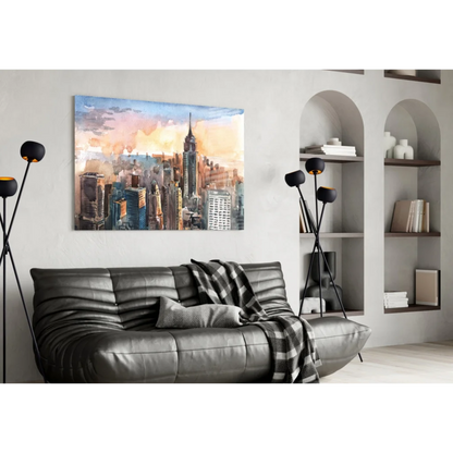 Sunset Empire State watercolor wall art above black sofa