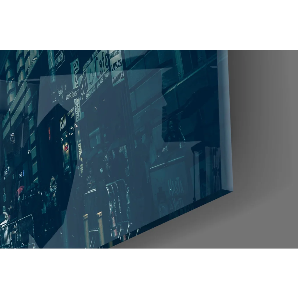 Teal city streets canvas wall art print with urban scene and lights