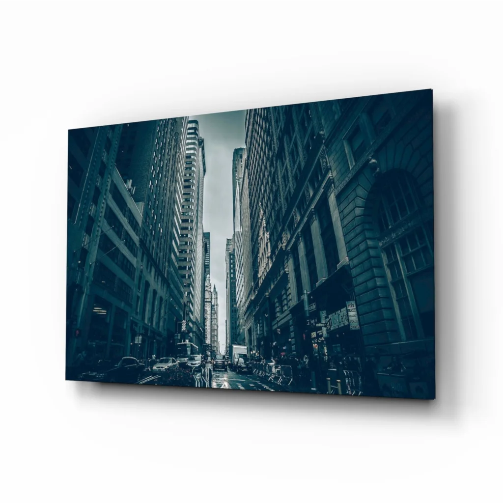 Teal city streets moody urban canvas wall art print