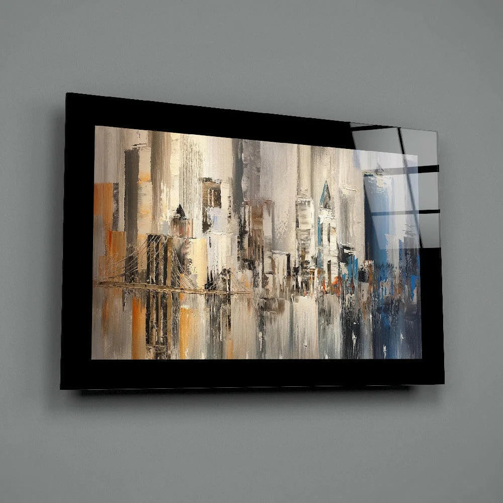 Urban skyline abstract canvas wall art in black frame with textured grays