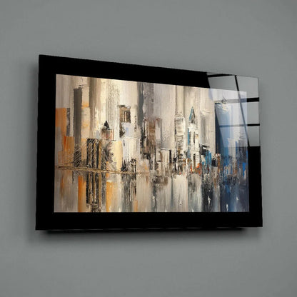 Urban skyline abstract canvas wall art in black frame with textured grays