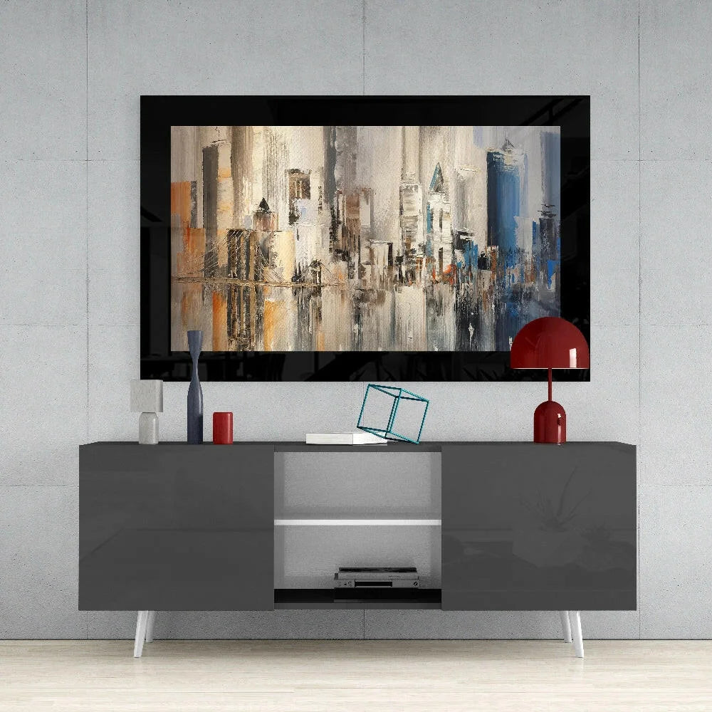 Urban skyline abstract wall art canvas with bold gray, white, blue, orange strokes in black frame