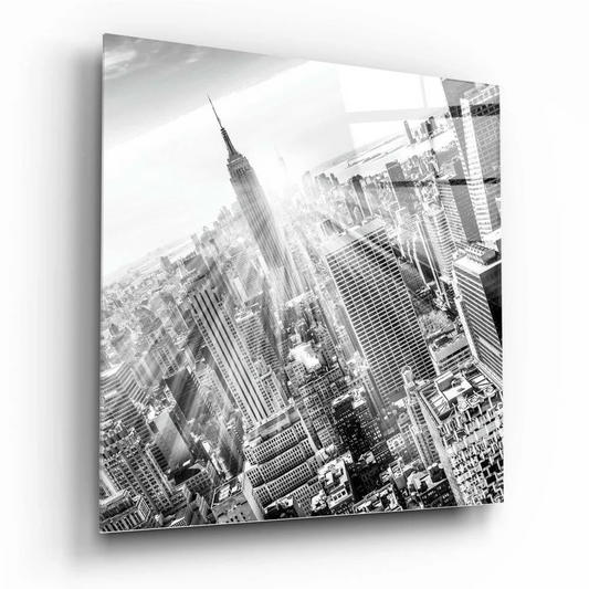 Black and white Empire State Building glass wall art on acrylic panel