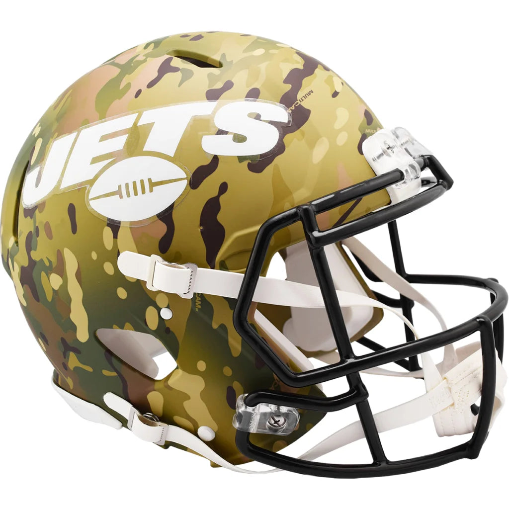 New York Jets camo helmet with metallic accents and clear visor
