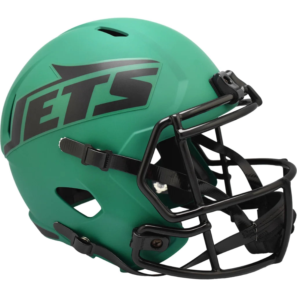 Green and black New York Jets replica football helmet with matte finish
