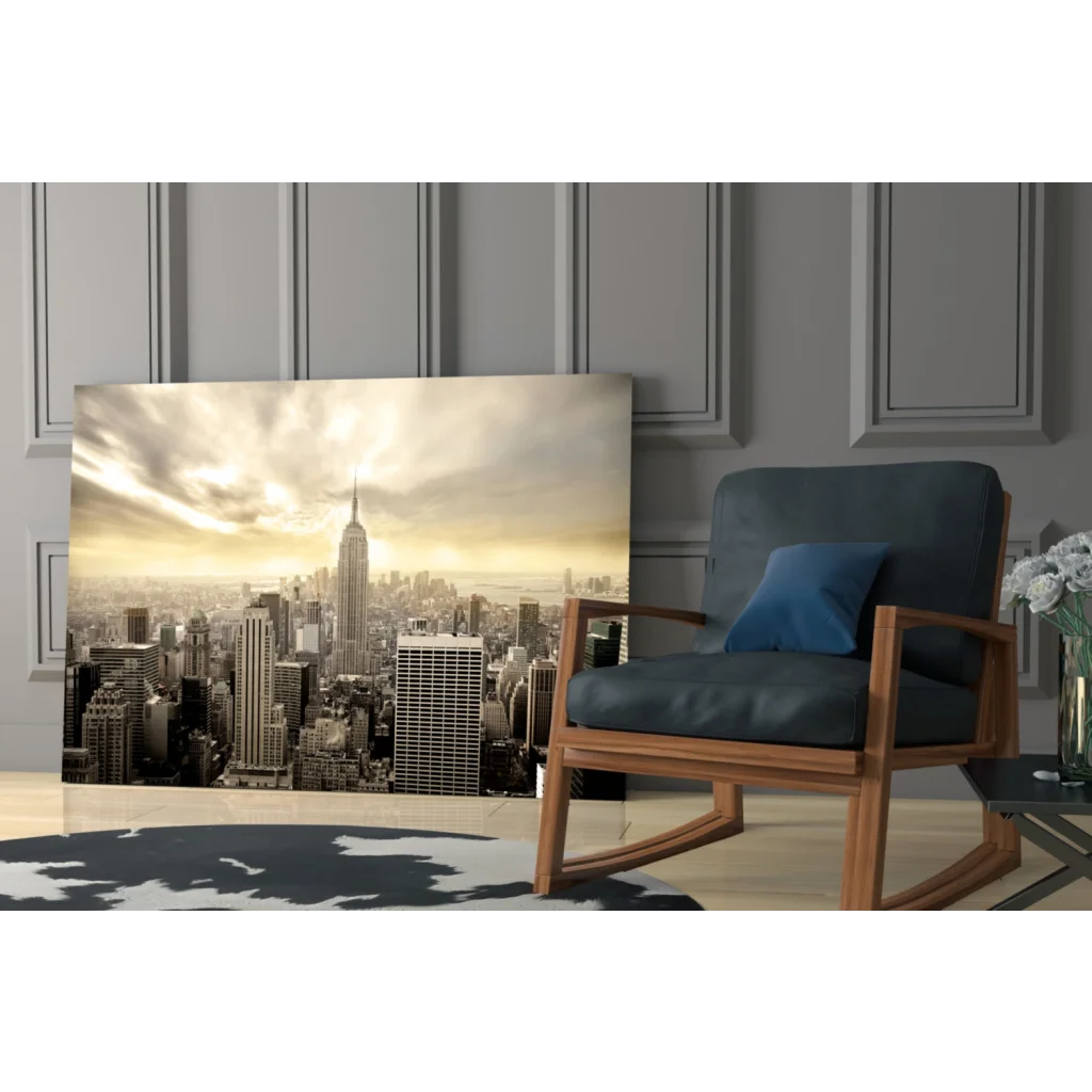 Sepia Empire State Building wall art canvas with rocking chair view