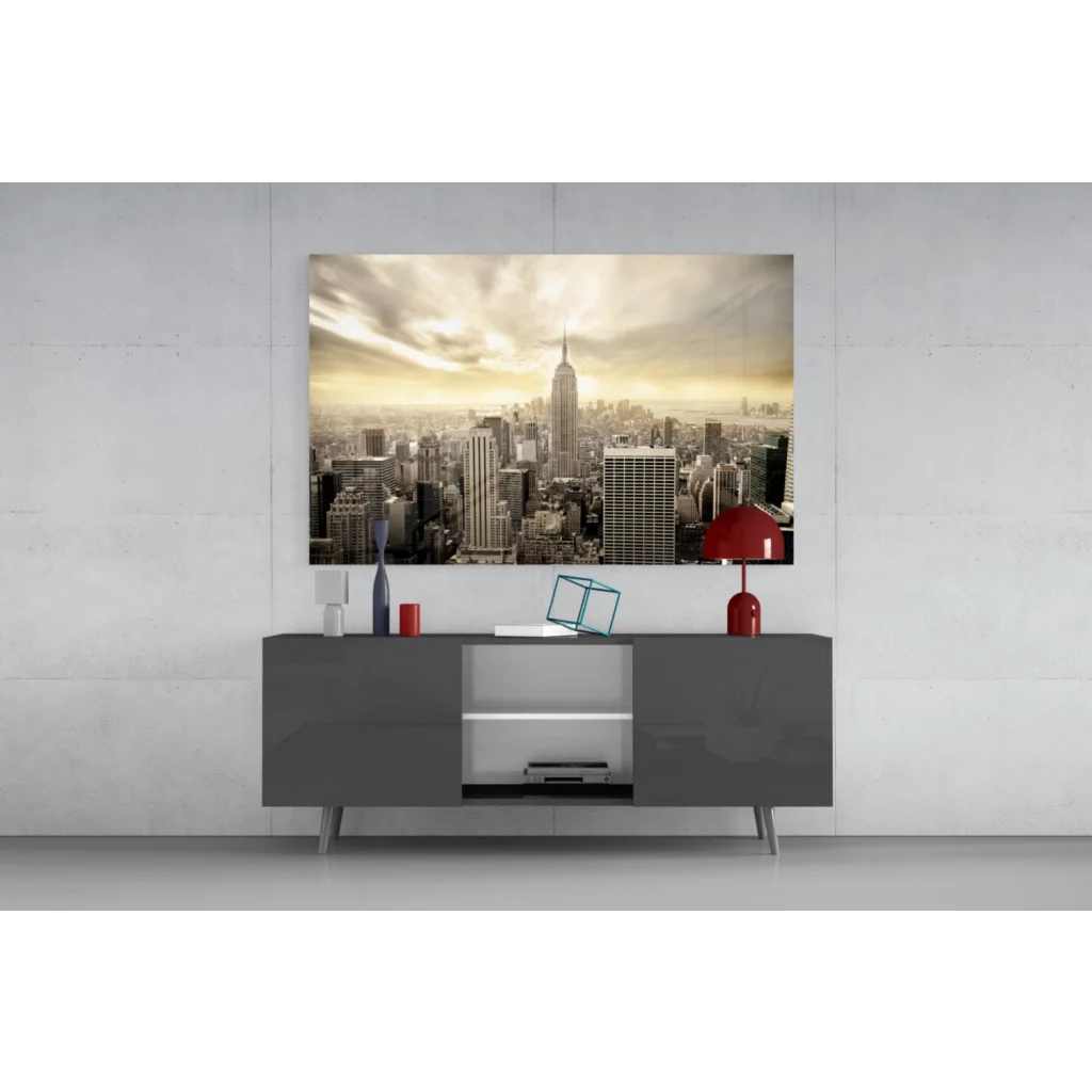 Sepia Empire State Building wall art on gray console table