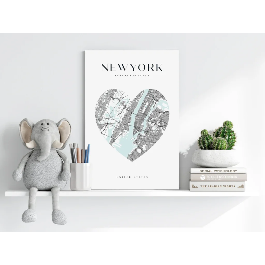 Heart Shaped New York Map Insigne Aluminum Print in Gray and Light Blue