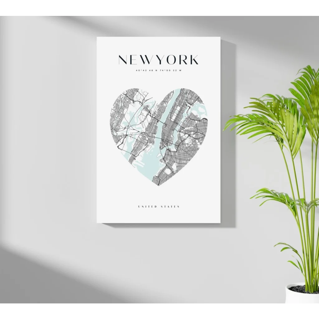 Heart-shaped New York map on Insigne aluminum print