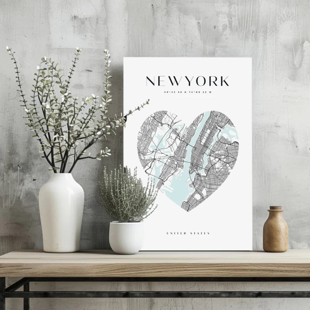 Heart Shaped New York Map Insigne Aluminum Print | Glass Wall Art Print | vintageantiquesgifts.com