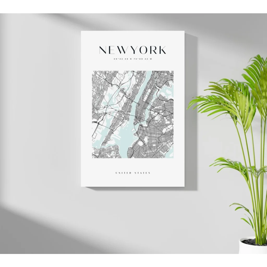 Minimalist NYC map insigne aluminum print with gray streets on blue waterways
