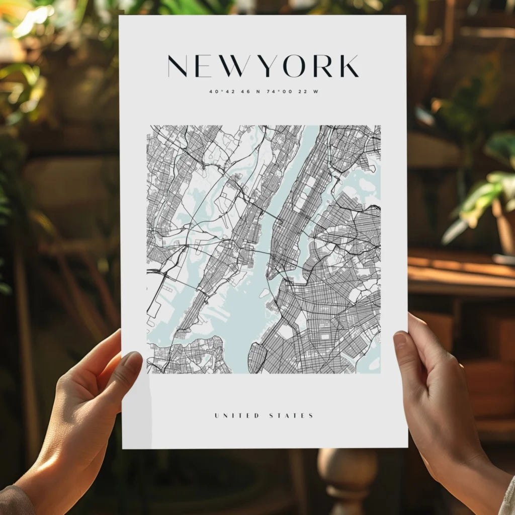 Minimalist NYC map on insigne aluminum print with black streets and blue waterways