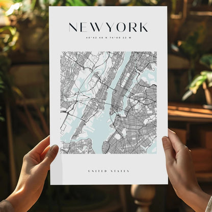 Minimalist NYC map on insigne aluminum print with black streets and blue waterways