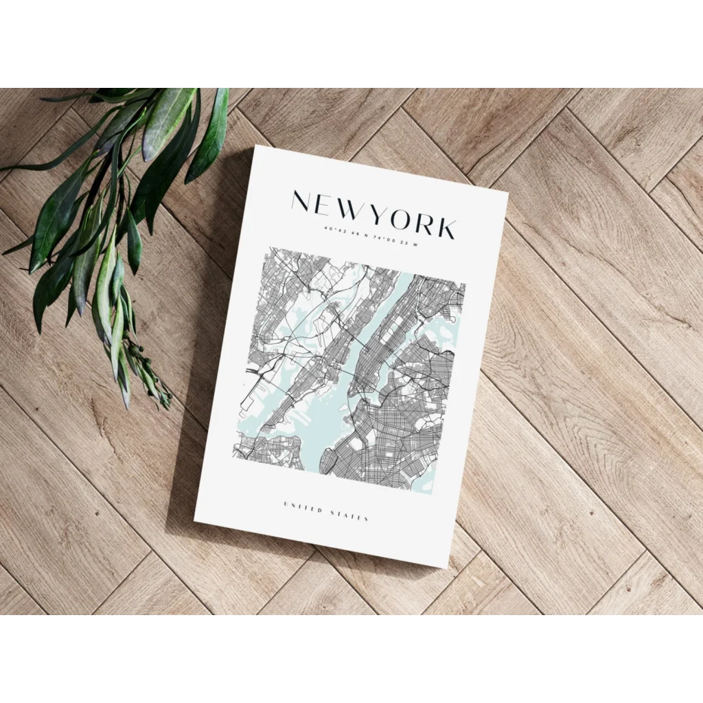 Minimalist NYC map on insigne aluminum print with teal wash