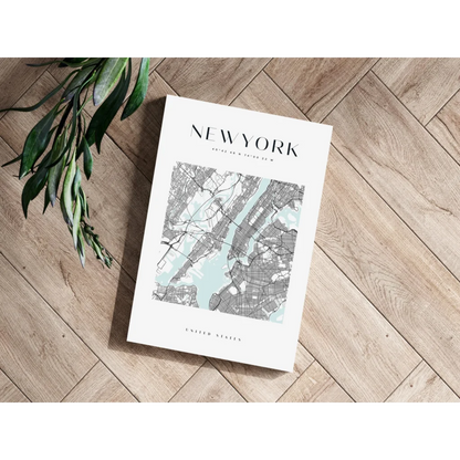 Minimalist NYC map on insigne aluminum print with teal wash
