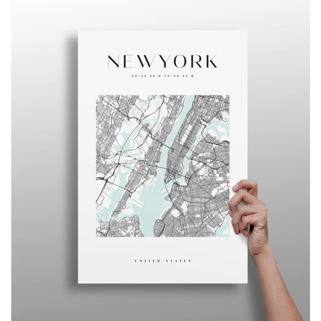 Minimalist NYC map insigne aluminum print with white border