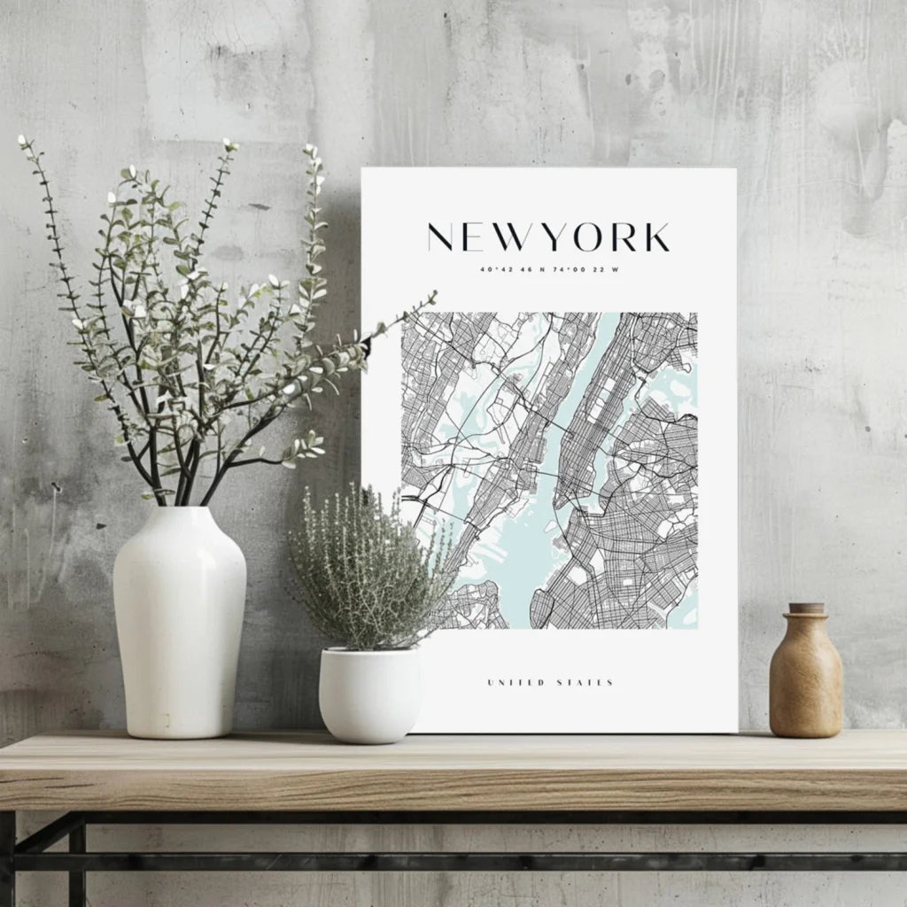 Minimalist NYC map insigne aluminum print with white frame and gray streets