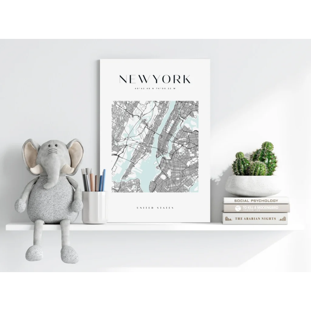 Stunning NYC map insigne aluminum print in minimalist white frame