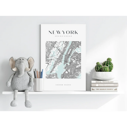 Stunning NYC map insigne aluminum print in minimalist white frame