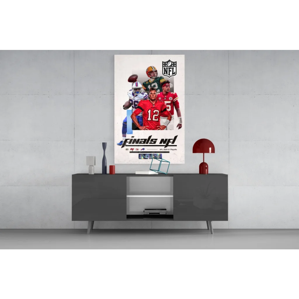 NFL Finals glass wall art poster with players in uniforms, number 12, NFL logo
