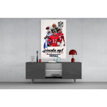 NFL Finals glass wall art poster with players in uniforms, number 12, NFL logo