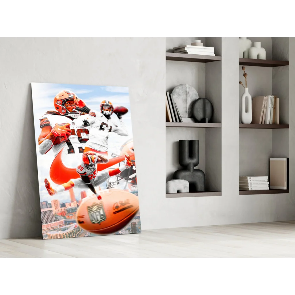 NFL Football Canvas Wall Art: Orange White Players Super Bowl Cityscape