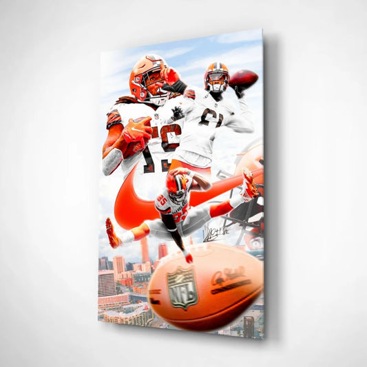 Dynamic NFL football canvas wall art with orange white players and C logo, 18x24