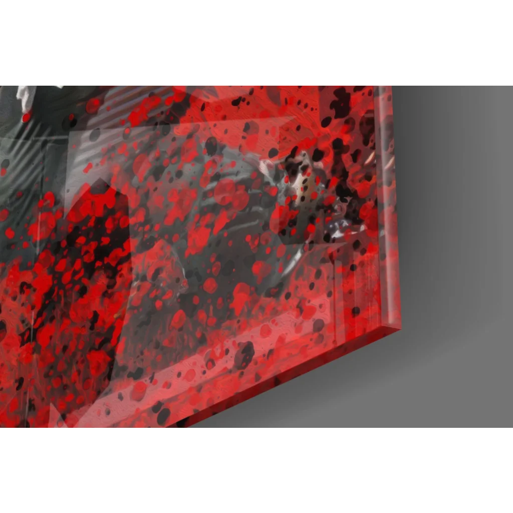 Vibrant red black abstract splatter on Super Bowl glass wall art