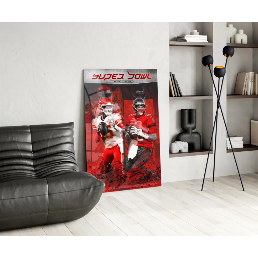 Vibrant Super Bowl glass wall art with red white poster of football players in action