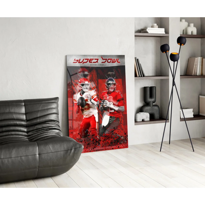 Vibrant Super Bowl glass wall art with red white poster of football players in action