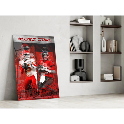 Super Bowl glass wall art with vibrant red white football players action