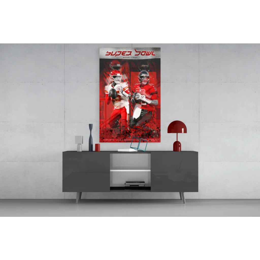 Vibrant red and white Super Bowl glass wall art with epic football players in action