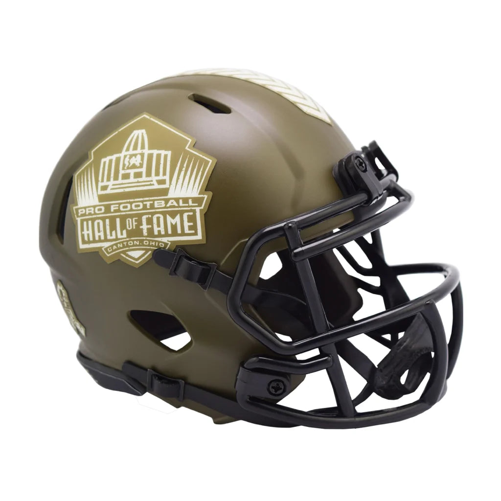 Olive green NFL Salute to Service Hall of Fame helmet with gold accents