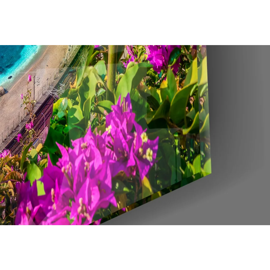 Vibrant purple bougainvillea glass wall art on glossy canvas