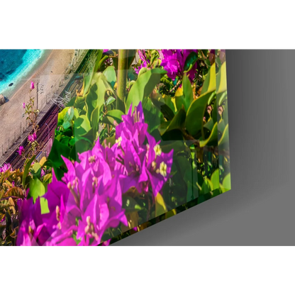 Vibrant purple bougainvillea glass wall art on glossy canvas