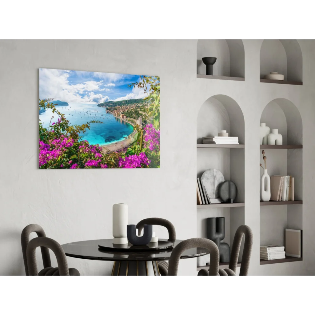Vibrant purple bougainvillea frames turquoise coast in glass wall art print