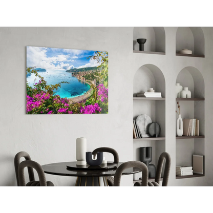 Vibrant purple bougainvillea frames turquoise coast in glass wall art print