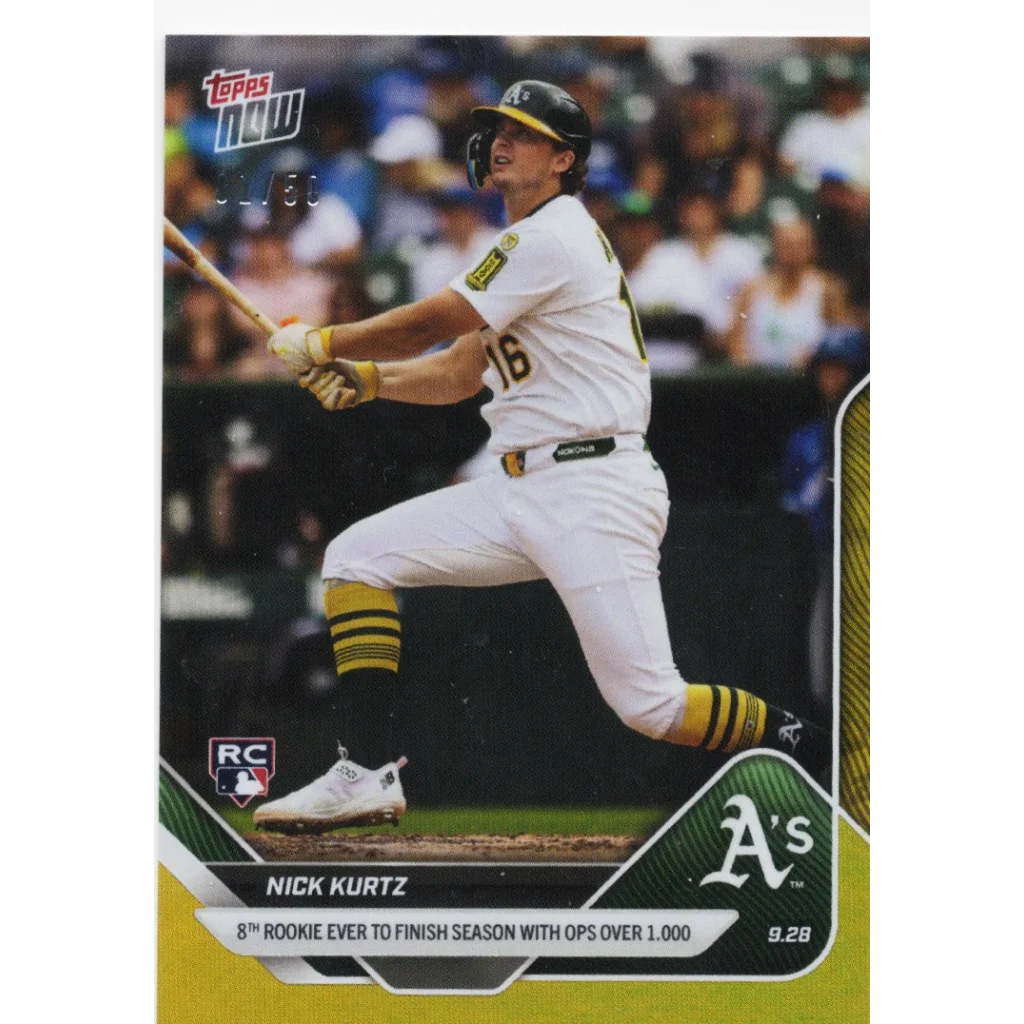 Nick Kurtz 2015 Topps baseball card, white green uniform with bat