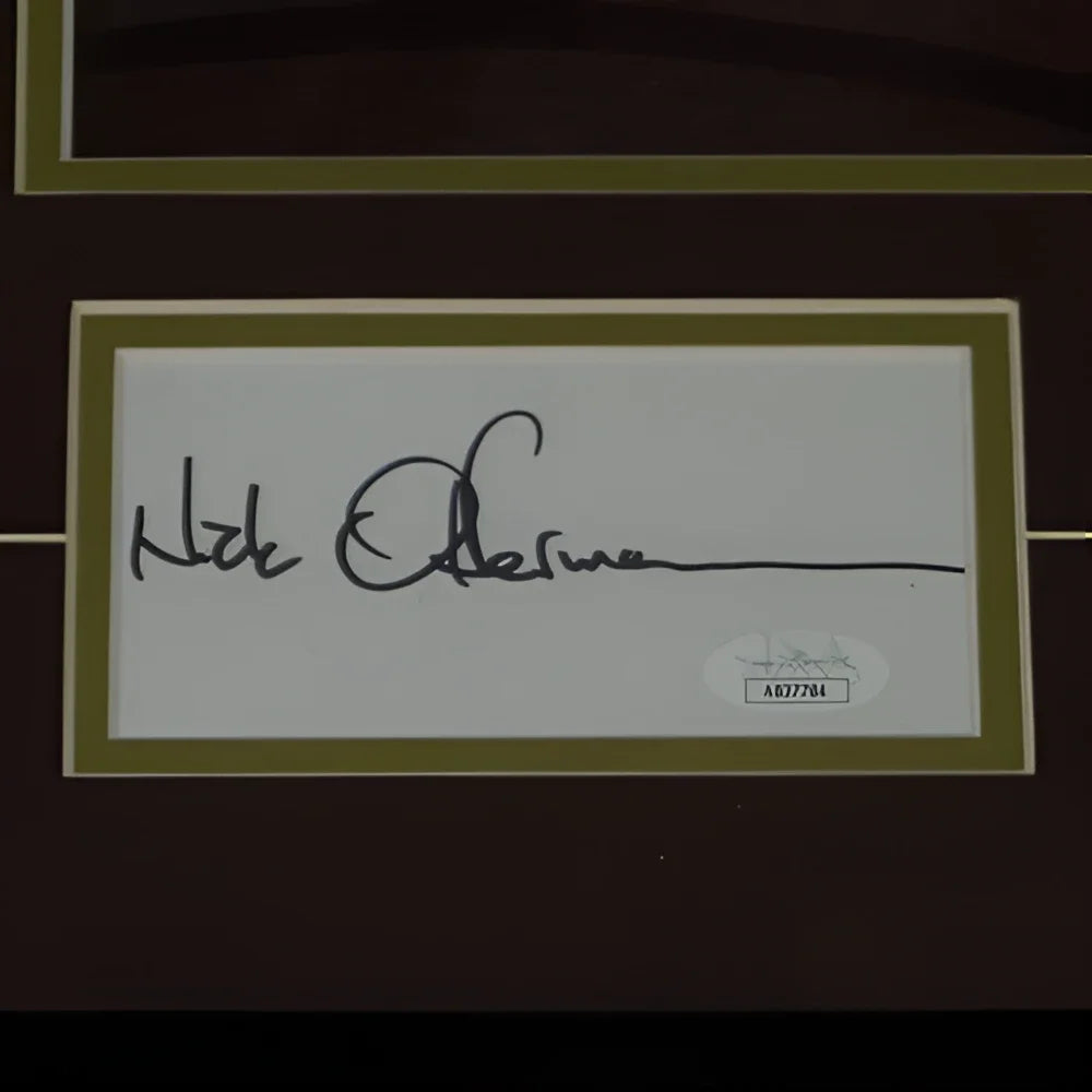 Nick Offerman and Amy Poehler autographed Parks and Recreation deluxe framed piece with Nate Odomine autograph in dark brown mat and olive green inner border