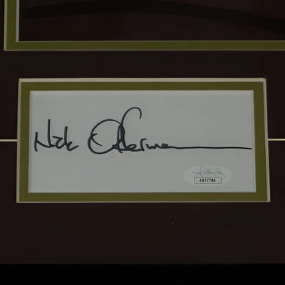 Nick Offerman and Amy Poehler autographed Parks and Recreation deluxe framed piece with Nate Odomine autograph in dark brown mat and olive green inner border