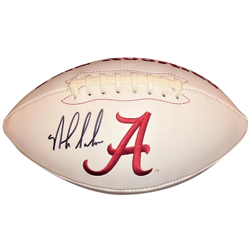 Nick Saban autographed Alabama Crimson Tide logo football, white leather with red A