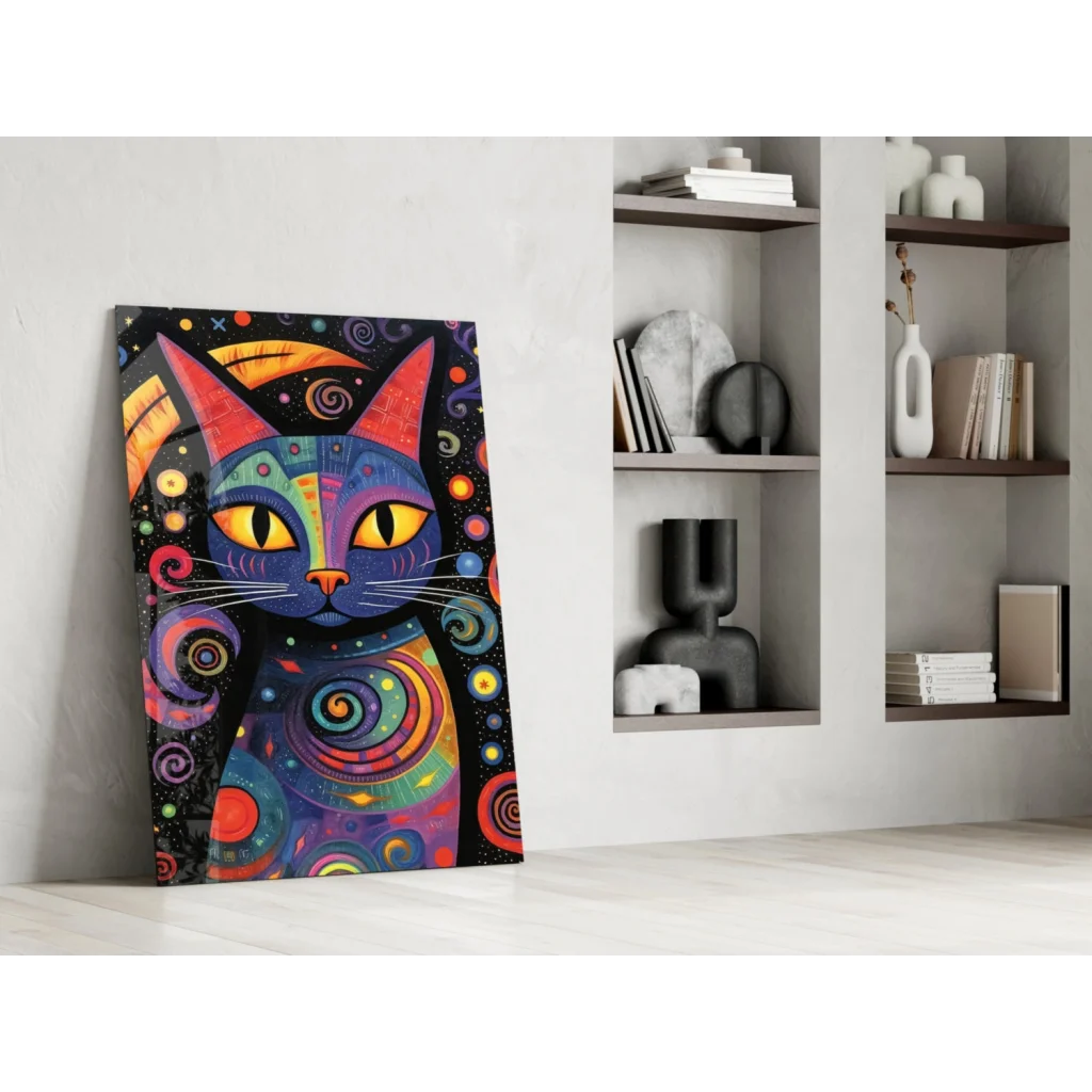 Vibrant cosmic cat glass wall art with swirling rainbow patterns and glowing eyes