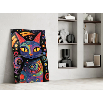 Vibrant cosmic cat glass wall art with swirling rainbow patterns and glowing eyes