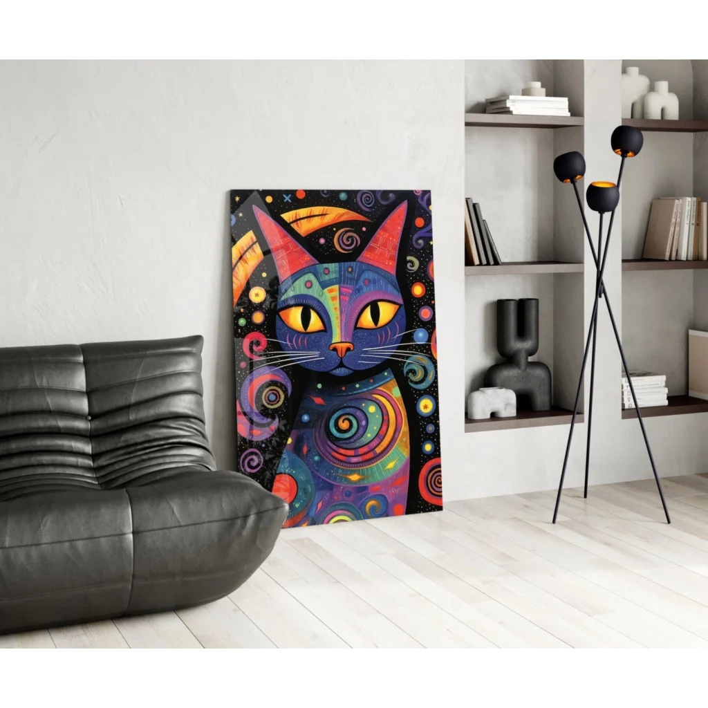 Vibrant cosmic cat glass wall art with swirling rainbow patterns on black