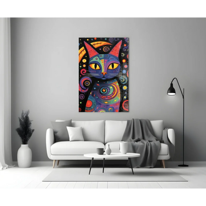Vibrant cosmic cat glass wall art with swirling psychedelic patterns