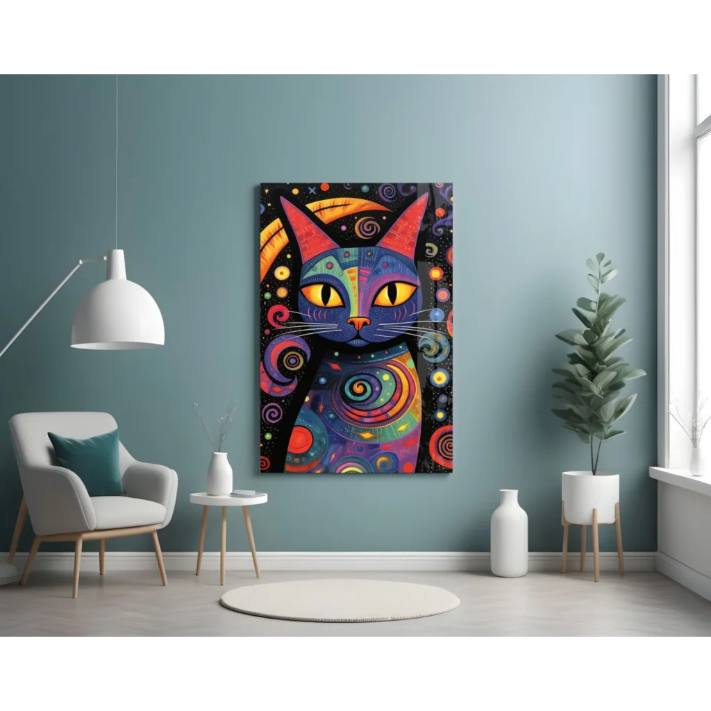 Vibrant cosmic cat glass wall art with swirling psychedelic patterns