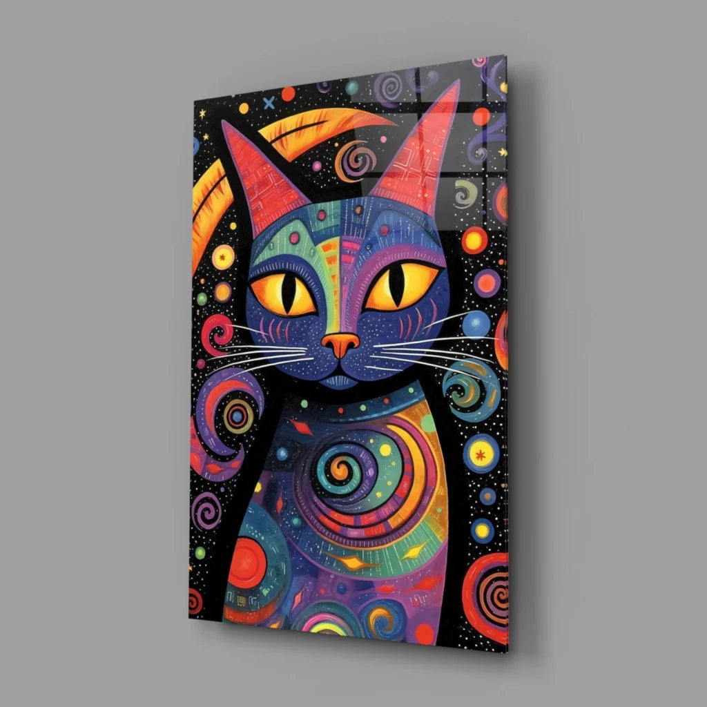 Vibrant cosmic cat glass wall art with swirling psychedelic patterns