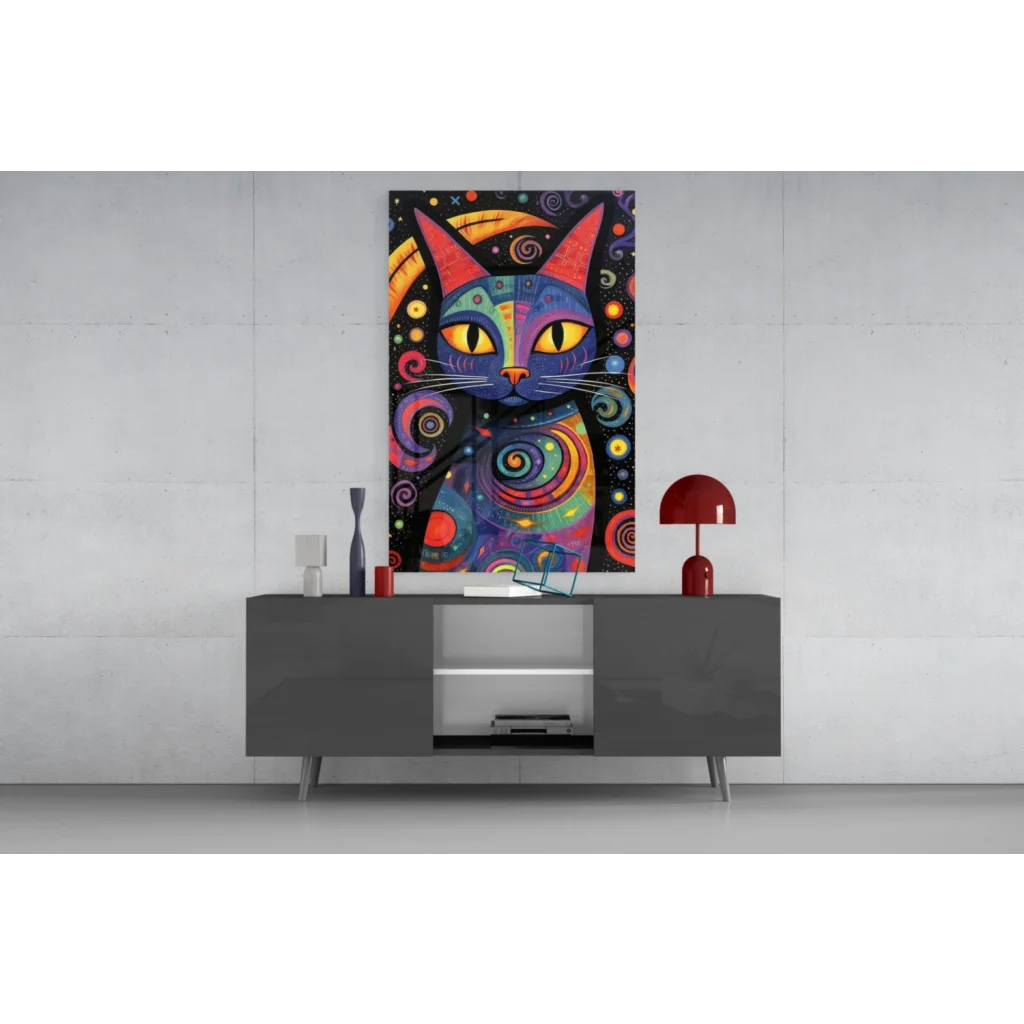 Vibrant cosmic cat glass wall art with swirling rainbow patterns and glowing eyes